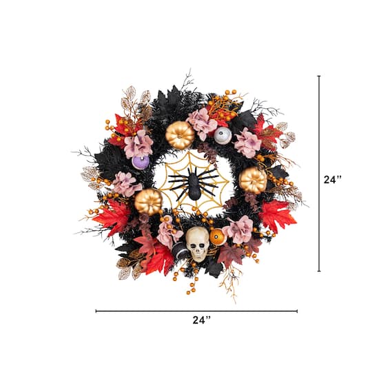 24" Artificial Halloween Wreath with Skulls, Spiders and Pumpkins